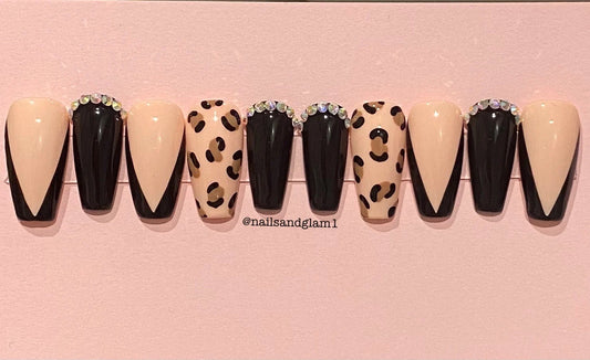 Black V-Tips with Leopard Print Nails | Press on Nails UK | Stick on Nails | Reusable | Customised | Handmade | Set of 10