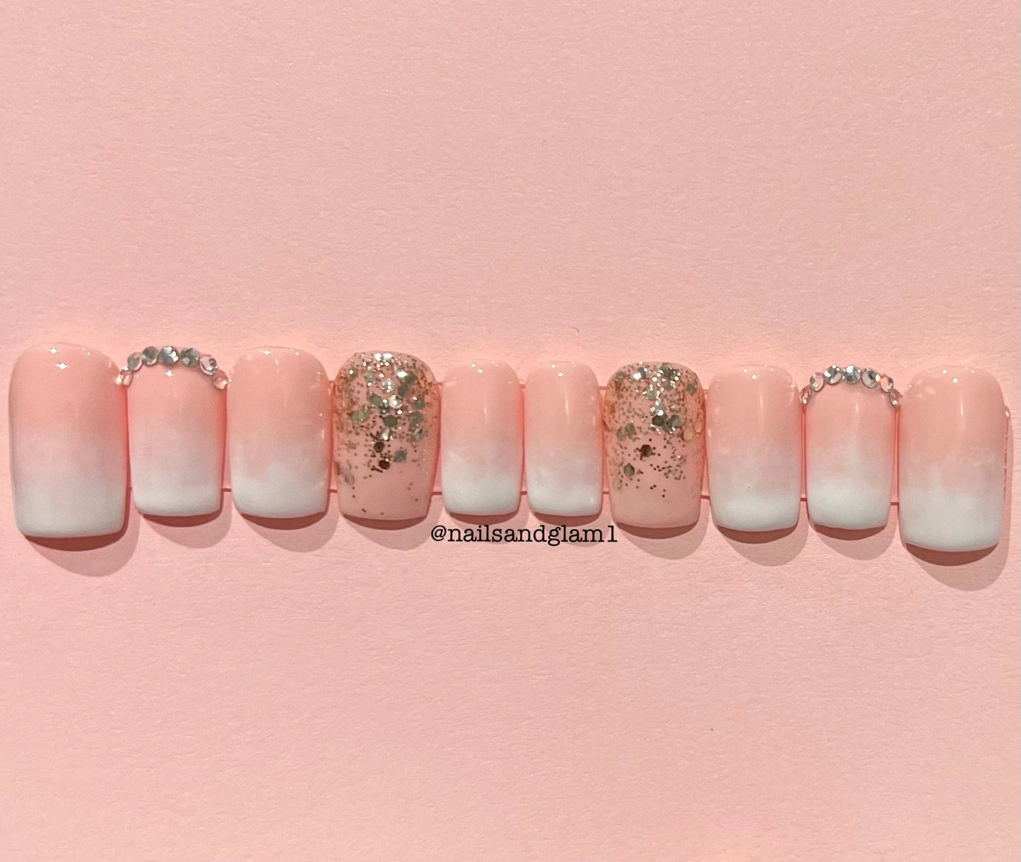 Pink & White Ombre with Gold Glitter | Press on Nails UK | Stick on Nails | Reusable | Customised | Handmade | Set of 10