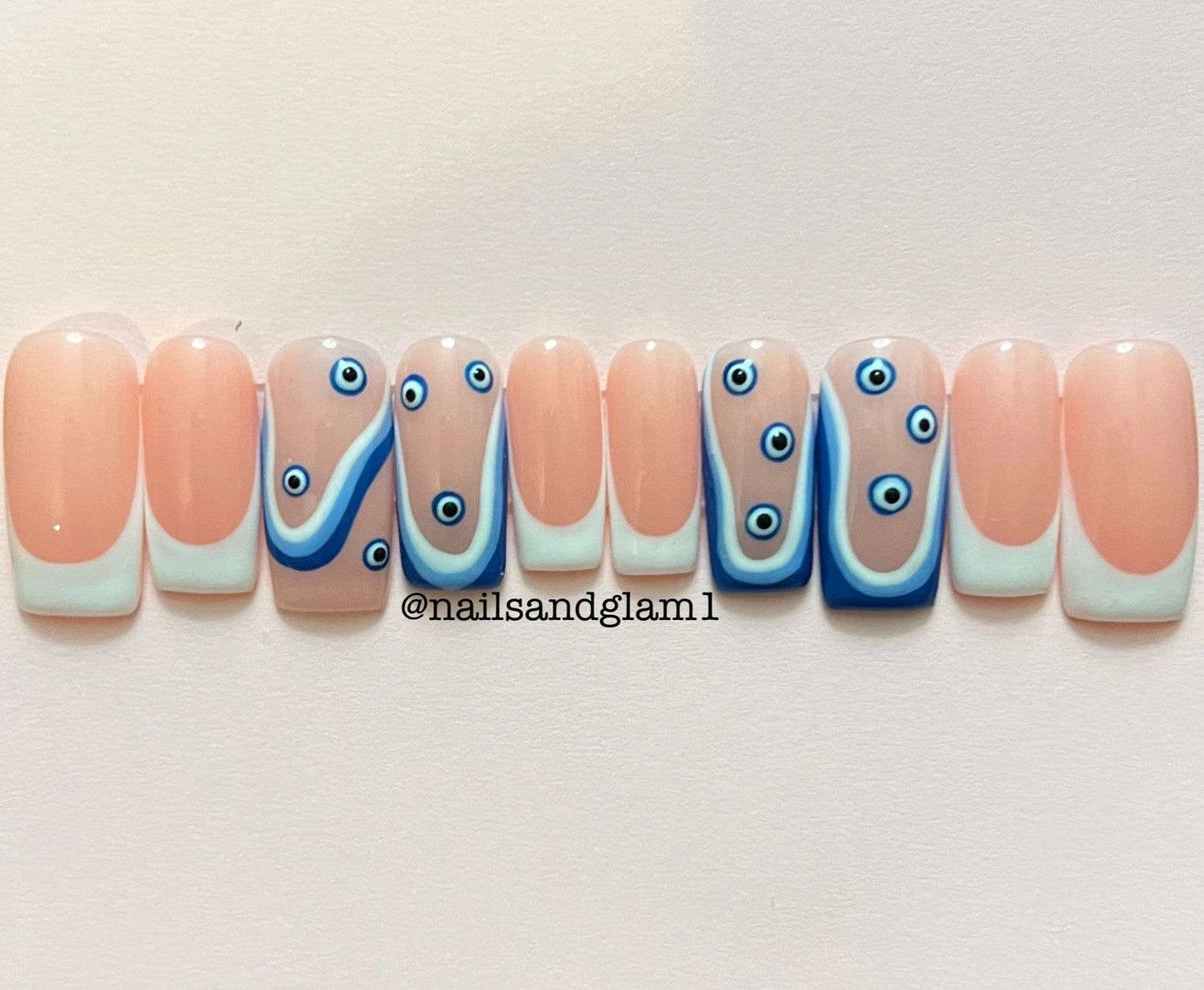 White French Tips with Blue Swirls & Evil Eye | Press on Nails UK | Stick on Nails | Reusable | Customised | Handmade | Set of 10