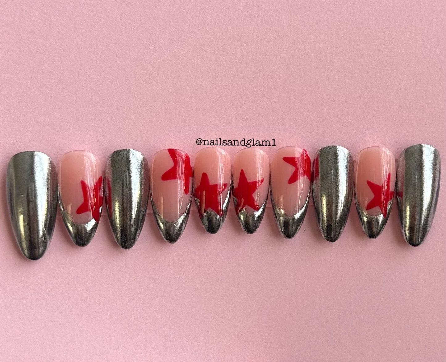 Silver Chrome with French Tips & Red Stars | Press on Nails UK | Stick on Nails | Reusable | Customised | Handmade | Set of 10