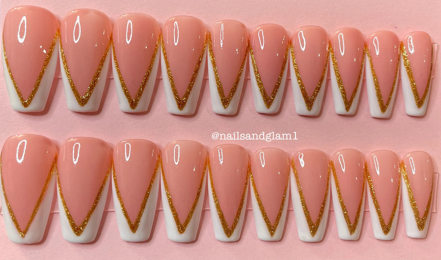 White & Gold V-Tips | Press on Nails UK | Stick on Nails | Reusable | Customised | Handmade | Set of 20