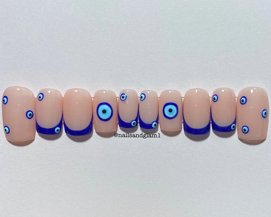 Blue French Tips with Evil Eye | Press on Nails UK | Stick on Nails | Reusable | Customised | Handmade | Set of 10