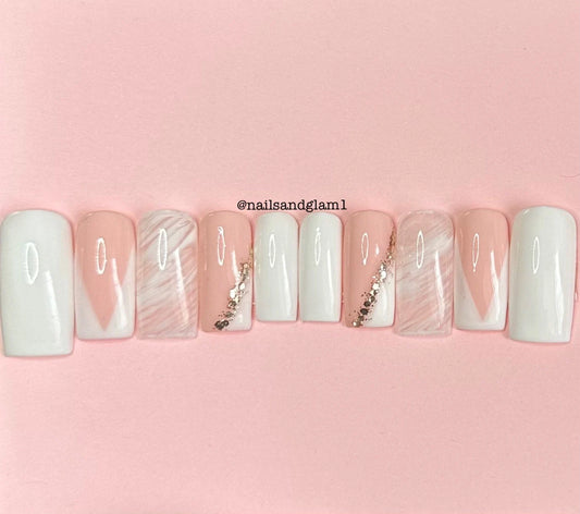 White French Tips with Marble | Press on Nails UK | Stick on Nails | Reusable | Customised | Handmade | Set of 10