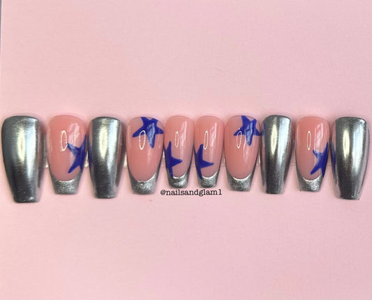 Silver Chrome with French Tips & Blue Stars | Press on Nails UK | Stick on Nails | Reusable | Customised | Handmade | Set of 10