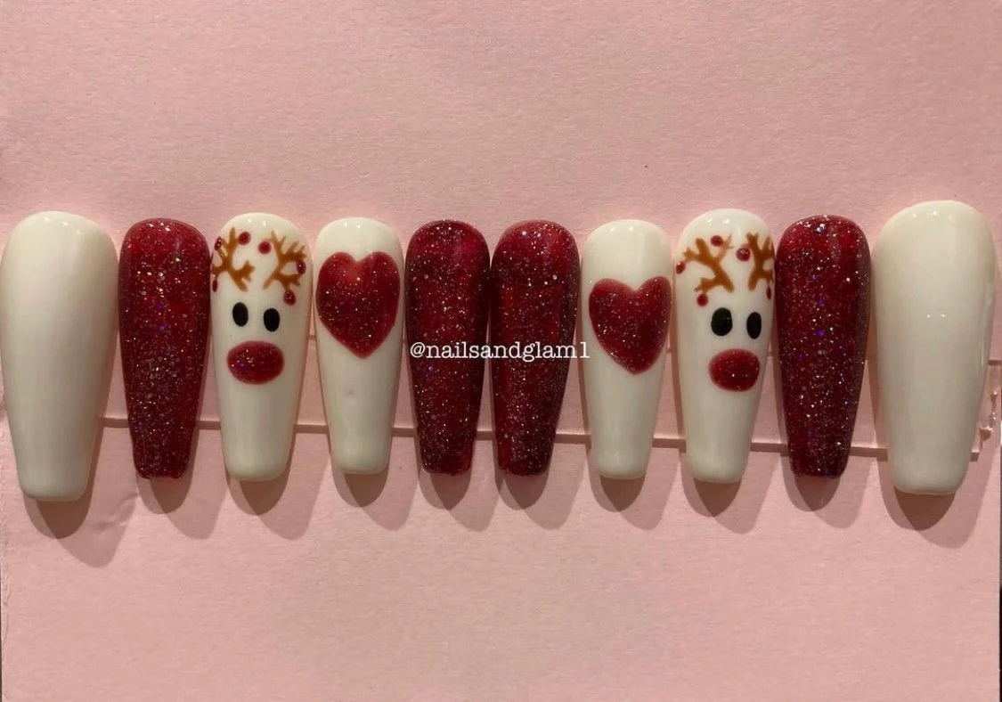 Reindeer & Red Glitter Christmas Nails | Press on Nails UK | Stick on Nails | Reusable | Customised | Handmade | Set of 10