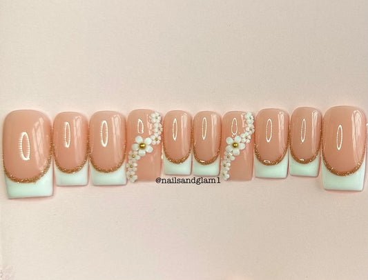 White French Tips with Gold Glitter & Flowers | Press on Nails UK | Stick on Nails | Reusable | Customised | Handmade | Set of 10