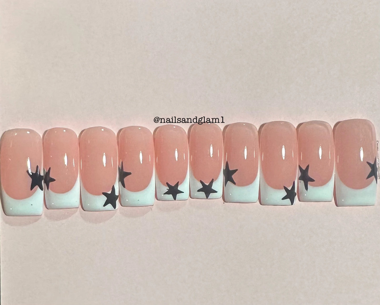 White French Tips with Black Stars | Press on Nails UK | Stick on Nails | Reusable | Customised | Handmade | Set of 10