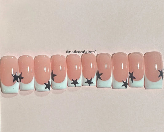 White French Tips with Black Stars | Press on Nails UK | Stick on Nails | Reusable | Customised | Handmade | Set of 10