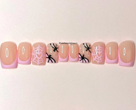 Pink French Tips with Webs & Pumpkins | Press on Nails UK | Stick on Nails | Reusable | Customised | Handmade | Set of 10