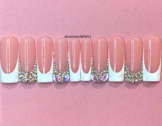 White French Tips with Rhinestones | Press on Nails UK | Stick on Nails | Reusable | Customised | Handmade | Set of 10