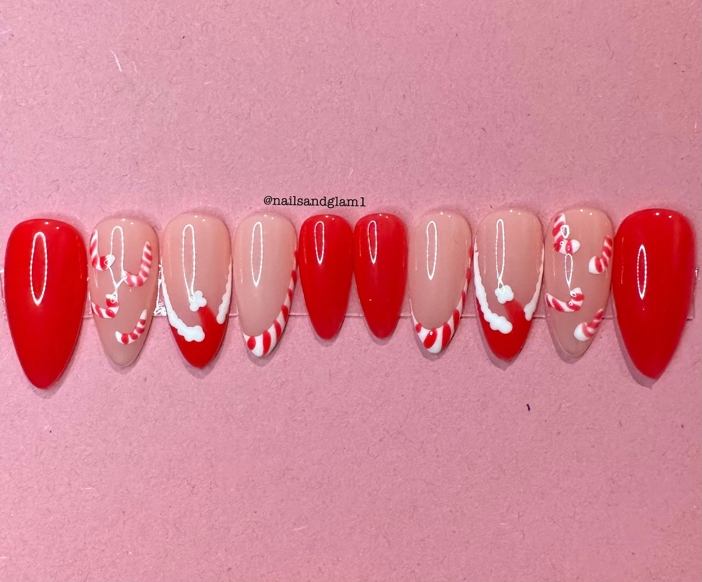 Red French Tips & Candycanes | Christmas Nails | Press on Nails UK | Stick on Nails | Reusable | Customised | Handmade | Set of 10