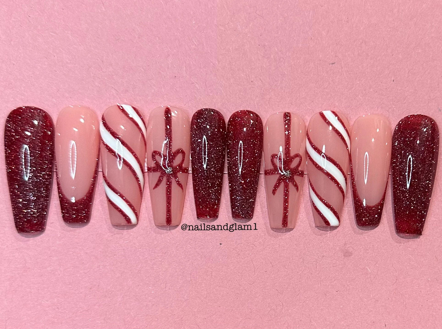 Red Glitter French Tips with Ribbons | Christmas Nails | Press on Nails UK | Stick on Nails | Reusable | Customised | Handmade | Set of 10