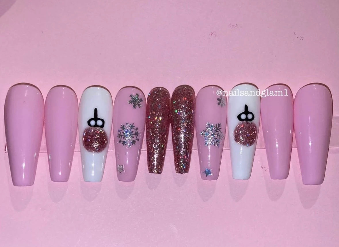 Pink Glitter Bauble Nails | Christmas Nails | Press on Nails UK | Stick on Nails | Reusable | Customised | Handmade | Set of 10