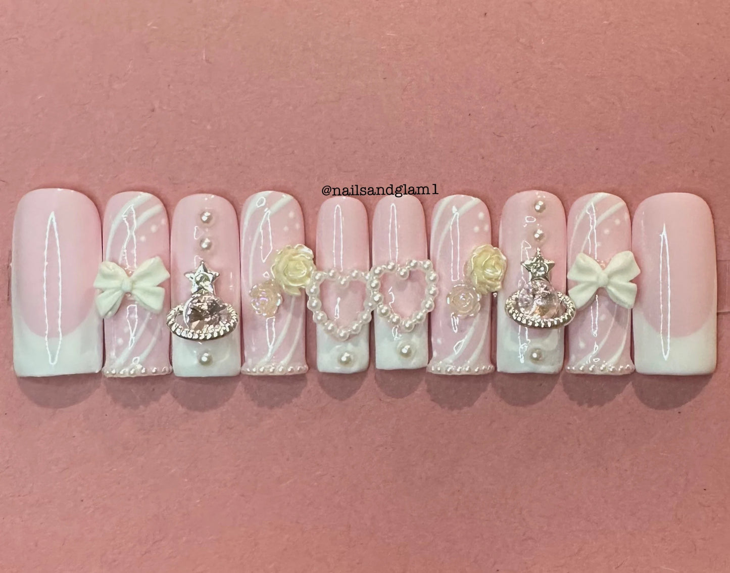 White French Tips with Charms | Y2K Nails | Press on Nails UK | Stick on Nails | Reusable | Customised | Handmade | Set of 10