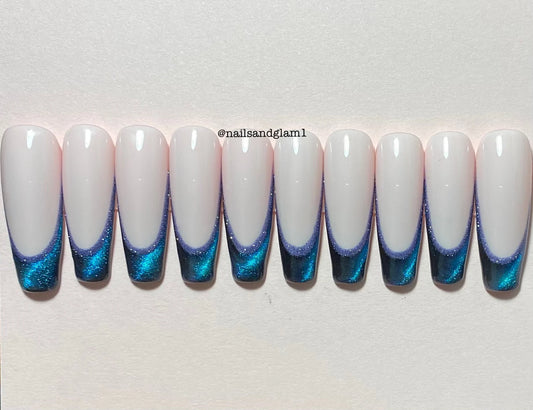 Blue Cat Eye French Tips with Blue Glitter Outline | Press on Nails UK | Stick on Nails | Reusable | Customised | Handmade | Set of 10