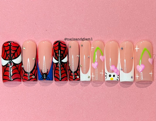 Spiderman & Hello Kitty Inspired French Tips | Press on Nails UK | Stick on Nails | Reusable | Customised | Handmade | Set of 10