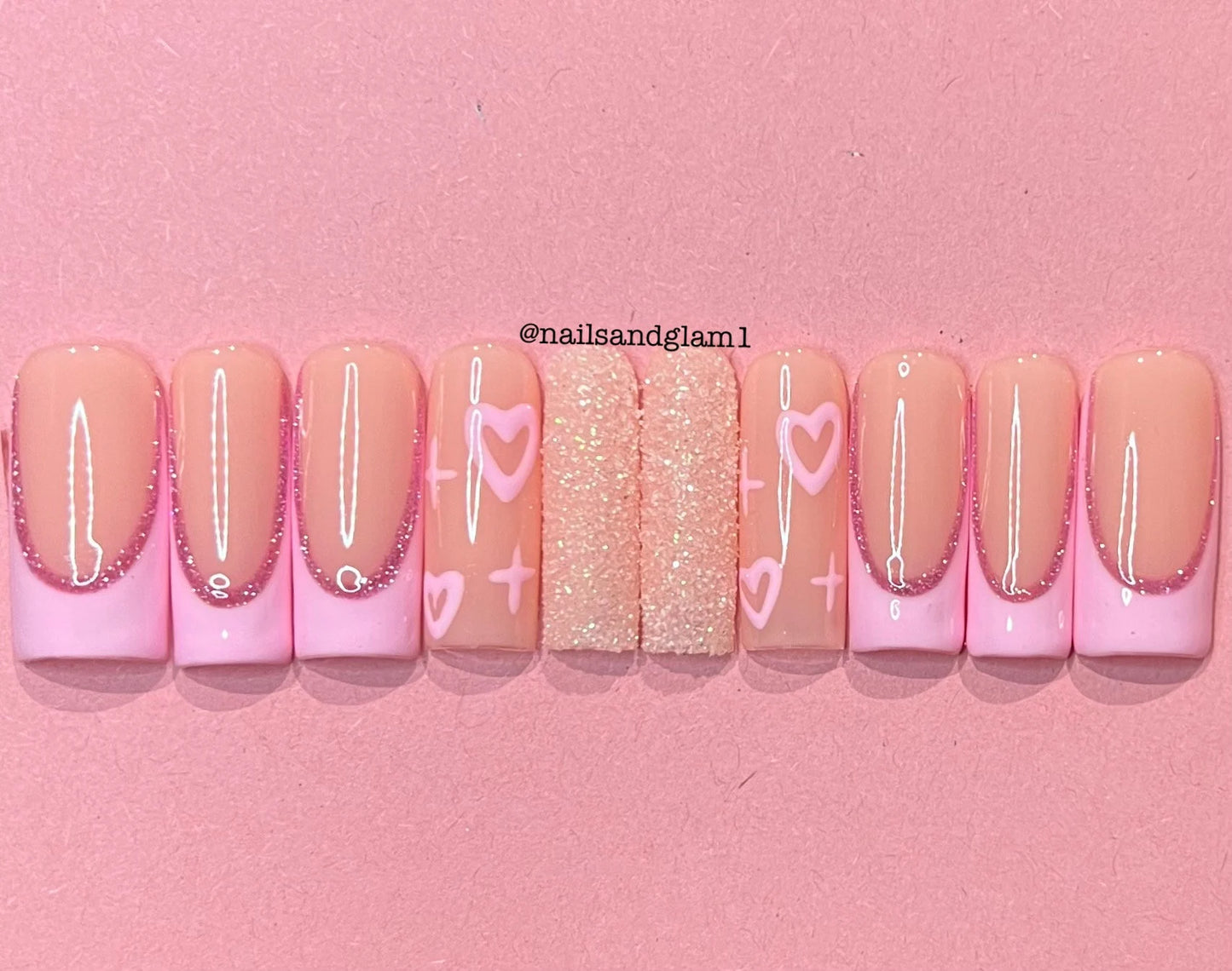 Pink French Tips with Hearts and Glitter | Press on Nails UK | Stick on Nails | Reusable | Customised | Handmade | Set of 10