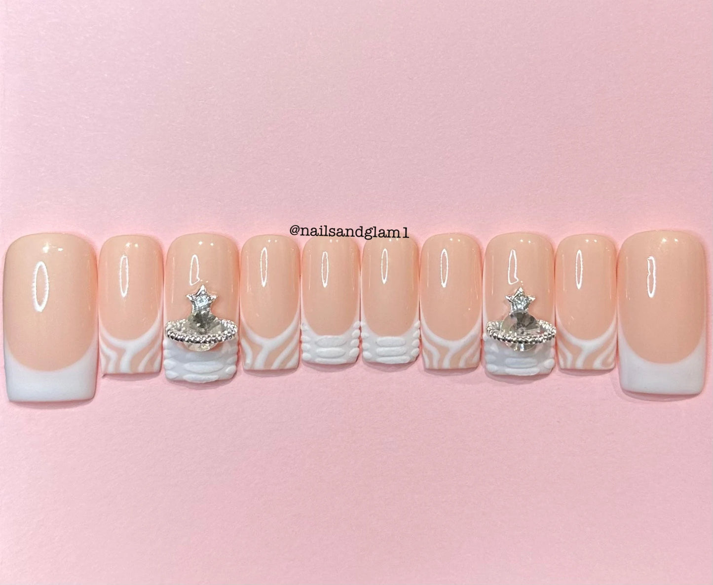 White French Tips with Designs & Charm | Press on Nails UK | Stick on Nails | Reusable | Customised | Handmade | Set of 10