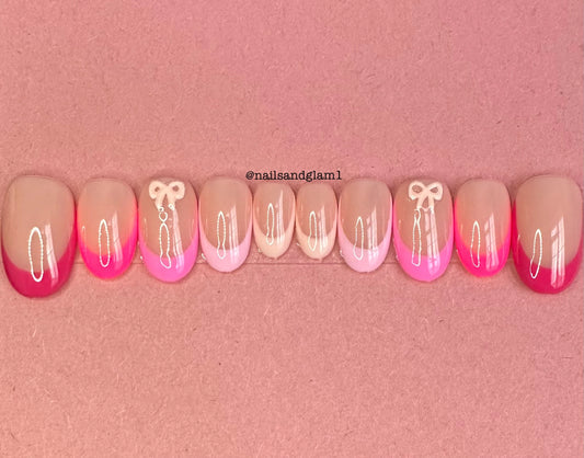 Pink Gradient French Tips with White Bows | Press on Nails UK | Stick on Nails | Reusable | Customised | Handmade | Set of 10