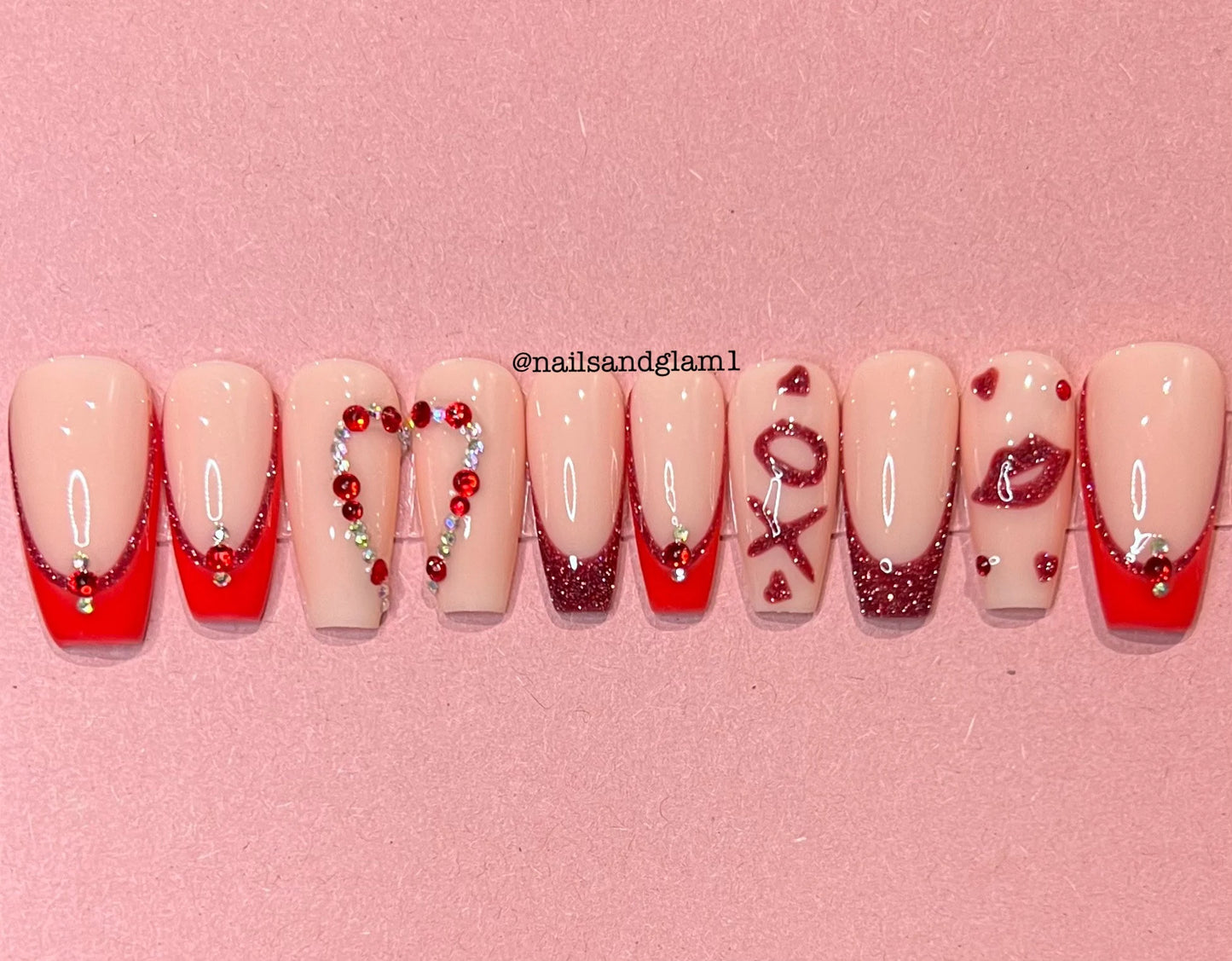 Red French Tips with Glitter, Hearts & Kisses | Press on Nails UK | Stick on Nails | Reusable | Customised | Handmade | Set of 10