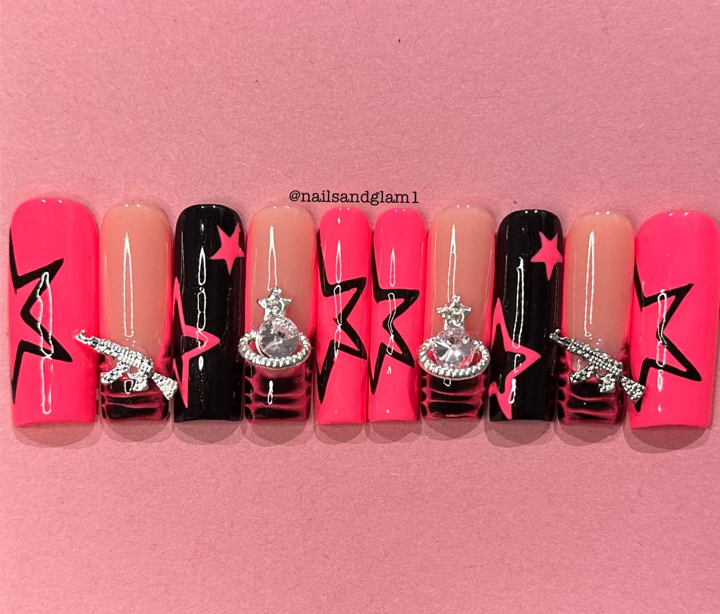 Pink & Black Croc French Tips with Stars and Charms | Press on Nails UK | Stick on Nails | Reusable | Customised | Handmade | Set of 10