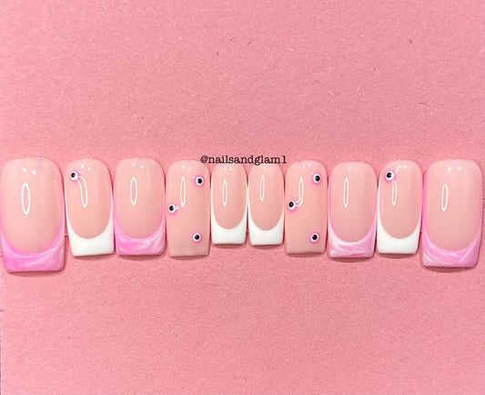 Pink & White French Tips with Marble and Evil Eyes | Press on Nails UK | Stick on Nails | Reusable | Customised | Handmade | Set of 10