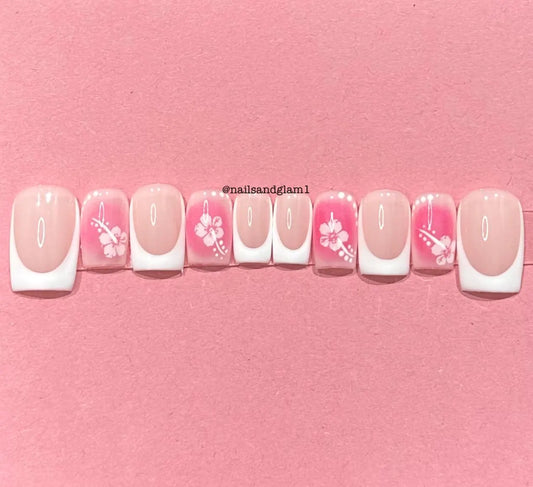 White French Tips with Pink Aura & White Flowers | Press on Nails UK | Stick on Nails | Reusable | Customised | Handmade | Set of 10