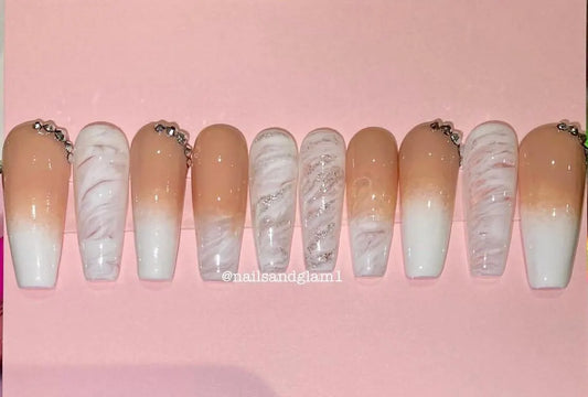 Nude Ombre with Marble | Press on Nails UK | Stick on Nails | Reusable | Customised | Handmade | Set of 10