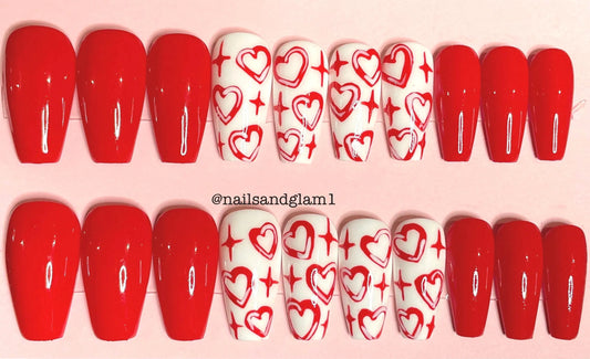 Red Heart Nails | Press on Nails UK | Stick on Nails | Reusable | Customised | Handmade | Set of 20