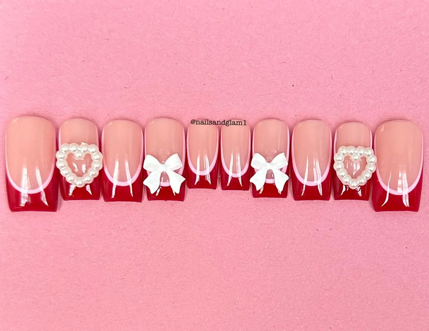 Red French Tips with Pink Outline & White Charms | Press on Nails UK | Stick on Nails | Reusable | Customised | Handmade | Set of 10